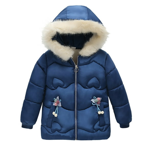 GERsome Toddler Girls Faux Fur Collar Denim Jacket Hooded Thicken Fleece Lined Coat Plush Winter Hoodie Outwear Snowsuit