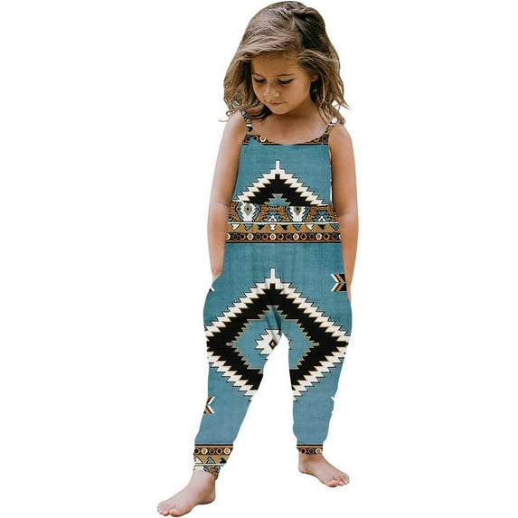 GERsome Toddler Girls Jumpsuit Sleeveless Printed Long Pants Romper Loose Spaghetti Strap Kids Crew Neck Casual Overalls with Pockets 1-6 Years(Size 2-3 Years/10#Blue)