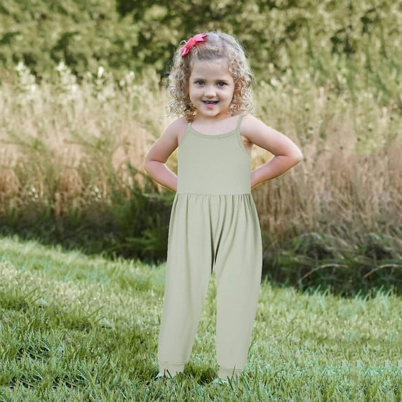 GERsome Toddler Girls Jumpsuits & Rompers Baby Kids Playsuit One Piece Solid Color Spaghetti Strap Romper Summer Outfits 1-6 Years Clearance（Size 3-4 Years/A-Green)