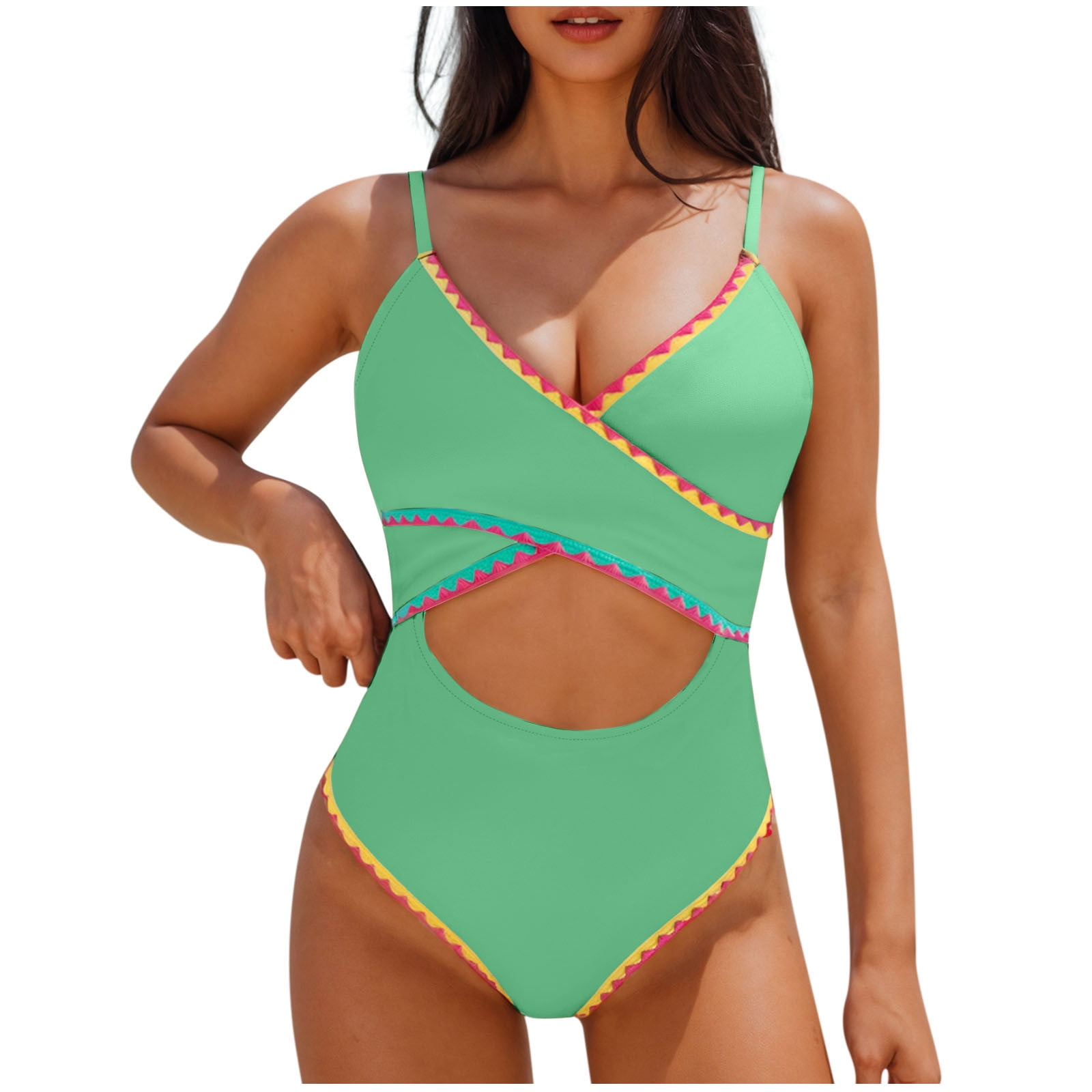 Women's Tummy Control One Piece Swimsuit - Slimming Color Block Design, Adjustable Straps, Removable Pads
