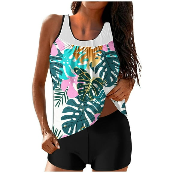 GERsome Tummy Control Tankini Swimsuit for Women Two Piece U Neck Bathing Suit Swim Tank Top with Boyshorts S-2XL