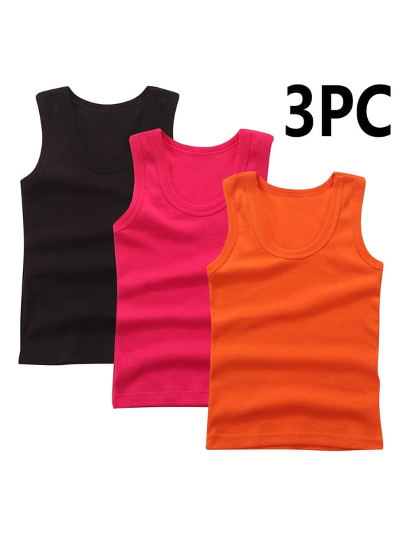 Unisex Boys Girls Cotton Tank Tops Sleeveless Undershirts Tees 3-Pack Assorted Colors Round Neck Shirts, Sizes 2-14 Years
