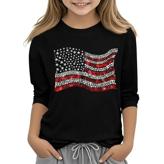 GERsome Unisex Girls Boys 4th of July T Shirts American Flag 3/4 Sleeve Crew Neck Tees, 7-8 Years