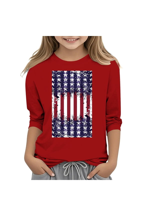 Unisex Girls Boys 4th of July T Shirts American Flag 3/4 Sleeve Crew Neck Tees, 9-10 Years