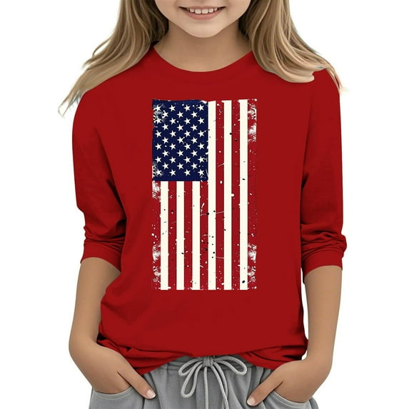GERsome Unisex Kid's American Flag 3/4 Sleeve T Shirts 4th of July Crew Neck Pullover Patriotic Tops, 5-6 Years