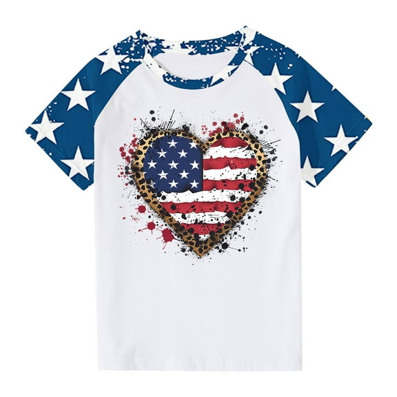 GERsome Unisex Kids 4th of July Crew Neck T Shirts, Girls American Flag Short Sleeve Graphic Tees Boys USA Star Stripes Color Block Patriotic Tops, Sizes 13-14 Years