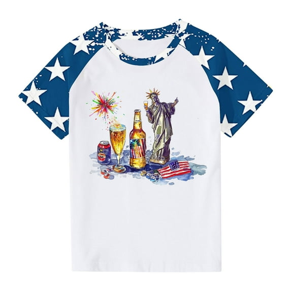 GERsome Unisex Kids 4th of July Crew Neck T Shirts, Girls American Flag Short Sleeve Graphic Tees Boys USA Star Stripes Color Block Patriotic Tops, Sizes 5-6 Years