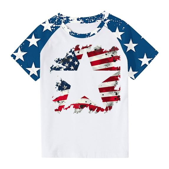 GERsome Unisex Kids 4th of July Crew Neck T Shirts, Girls American Flag Short Sleeve Graphic Tees Boys USA Star Stripes Color Block Patriotic Tops, Sizes 4-5 Years