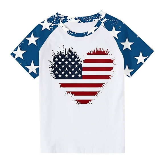 GERsome Unisex Kids 4th of July Crew Neck T Shirts, Girls American Flag Short Sleeve Graphic Tees Boys USA Star Stripes Color Block Patriotic Tops, Sizes 13-14 Years