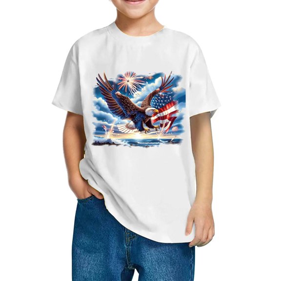 GERsome Unisex Kids 4th of July Patriotic Tops American Flag Graphic Tees for Boys Girls Crewneck Short Sleeve Loose Fit Summer T Shirts, 7-8 Years