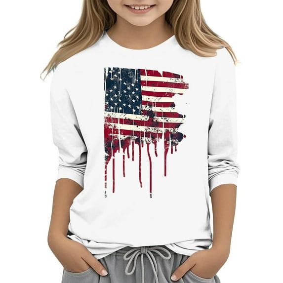 GERsome Unisex Kids 4th of July T-Shirts American Flag Graphic Tops Girls Crew Neck 3/4 Sleeve USA Flag Stars Stripes Patriotic Tee, 11-12 Years