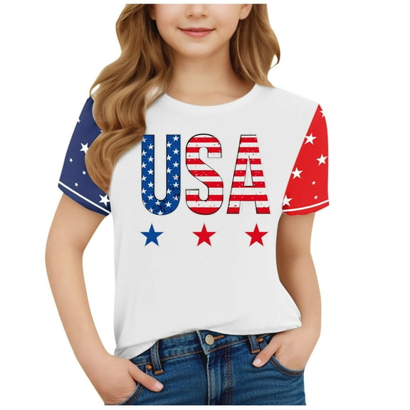 GERsome Unisex Kids 4th of July T-Shirts American Flag Graphic Tops Girls Crew Neck Short Sleeve USA Flag Stars Stripes Patriotic Tee, 12-13Years
