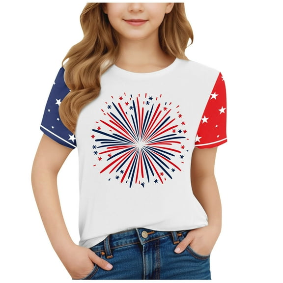 GERsome Unisex Kids 4th of July T-Shirts American Flag Graphic Tops Girls Crew Neck Short Sleeve USA Flag Stars Stripes Patriotic Tee, 7-8 Years