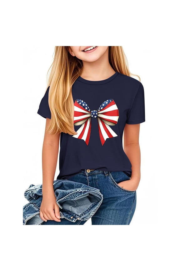 Unisex Kids American Flag Short Sleeve T-Shirts Boys Girls 4th of July Patriotic Crew Neck Pullover Tops, Sizes 7-8 Years