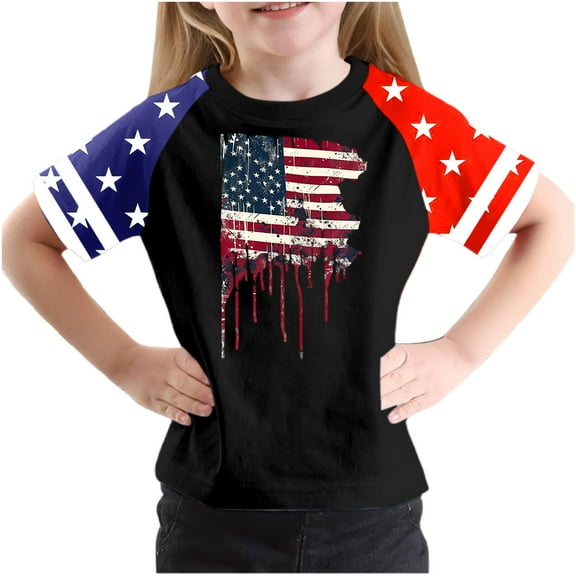 GERsome Unisex Kids American Flag T-Shirts 4th of July Patriotic Tops Short Sleeve Crewneck Shirts for Toddler Boys Girls Soft Graphic Tee, 13-14 Years