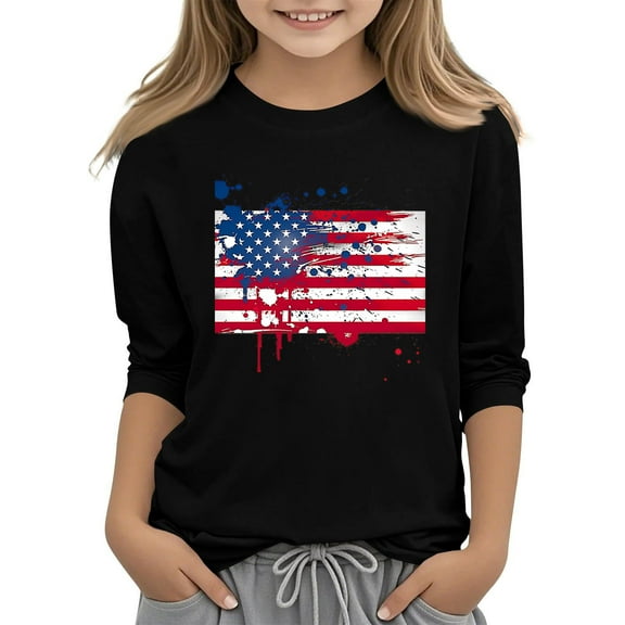 GERsome Unisex Kids American Flag T-Shirts Girls 3/4 Sleeve Crew Neck Tops 4th of July Funny USA Patriotic Graphic Tee, 9-10 Years