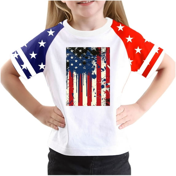 GERsome Unisex Kids Short Sleeve T-Shirts Crewneck 4th of July Patriotic Tops American Flag Graphic Tees for Boys and Girls, 7-8 Years
