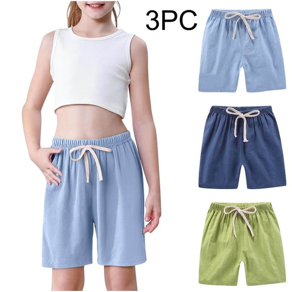 GERsome Unisex Kids Shorts 3 Pack Cotton Linen Summer Shorts for Boys and Girls Casual Solid Color Elastic Waist Drawstring Short with Pockets, Size 2-10 Years