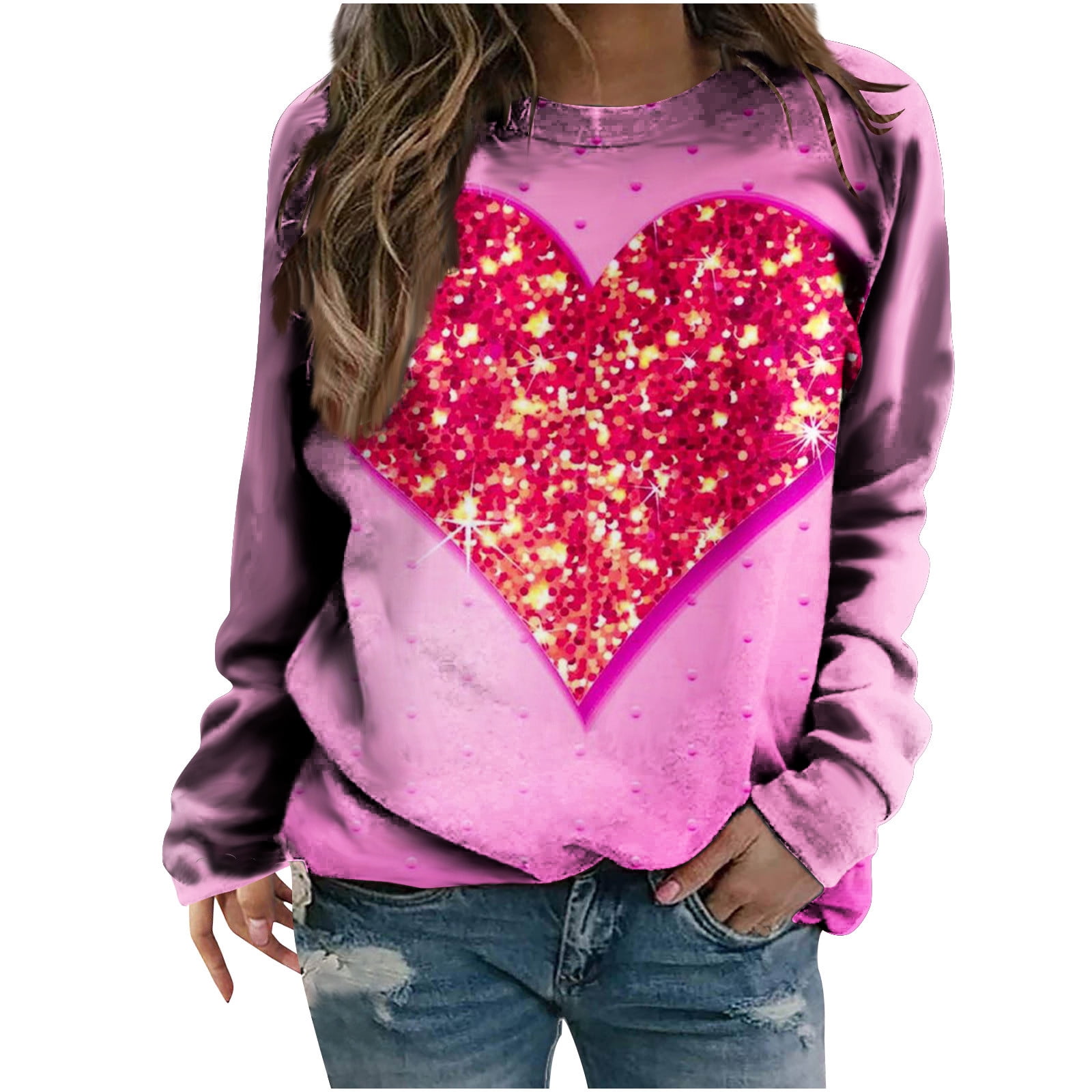 Valentine's Day Crewneck Pullover Shirt For Women - Long Sleeve Plaid Heart Graphic Sweatshirt, Casual Lover Gift