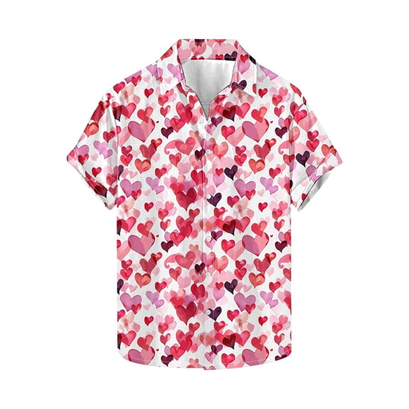 GERsome Valentine's Day Shirts for Men Love Heart Graphic Summer Short Sleeve Button Down Shirts Beach Vacation Tops S-5XL