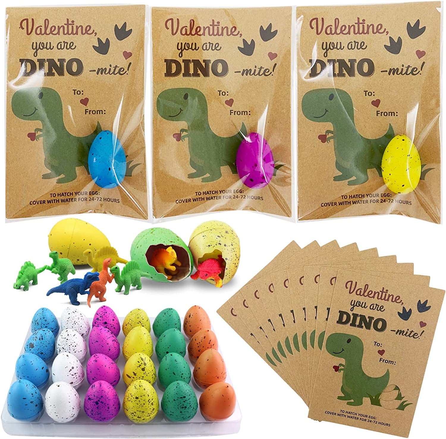 GERsome Valentines Day Gifts for Kids - 24 Pack Dinosaur Egg Hatching Card Bulk - Funny Dino Valentine Exchange Cards for Boys Girls Toddler School Class Classroom Party Favors