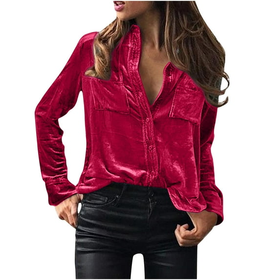 GERsome Vintage Velvet Top for Women Elegant Long Sleeve Button Down Shirts Velour Blouses with Pockets
