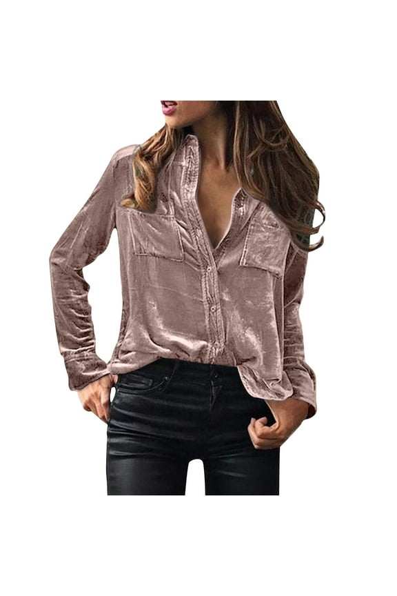 Vintage Velvet Top for Women Elegant Long Sleeve Button Down Shirts Velour Blouses with Pockets