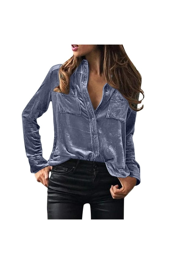 Vintage Velvet Top for Women Elegant Long Sleeve Button Down Shirts Velour Blouses with Pockets