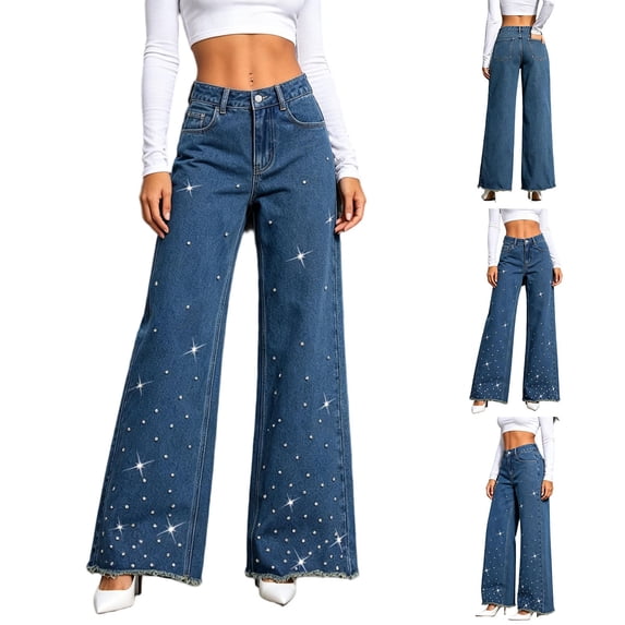 GERsome Wide Leg Jeans for Women High Waisted Rhinestone Denim Pants Sparkly Frayed Hem Trousers with Pocket