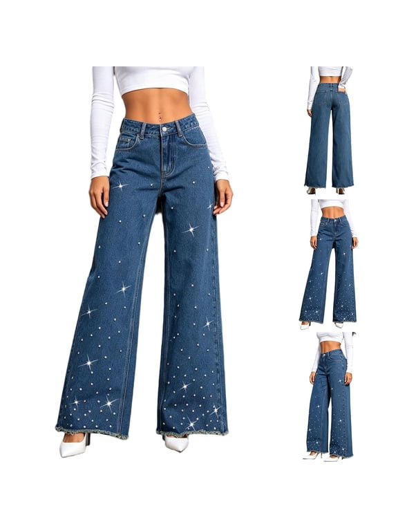 Wide Leg Jeans for Women High Waisted Rhinestone Denim Pants Sparkly Frayed Hem Trousers with Pocket