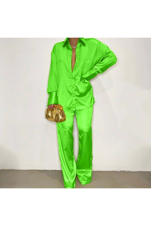 Women 2 Piece Pants Outfits Casual Loose Button Shirt Blouse Top Long Wide Leg Palazzo Pants Set