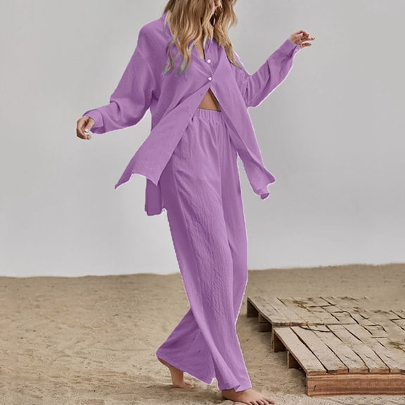 GERsome Women Cotton Linen 2 Piece Outfits Long Sleeve Button Down Shirt Wide Leg Pants Sets Casual Loungewear