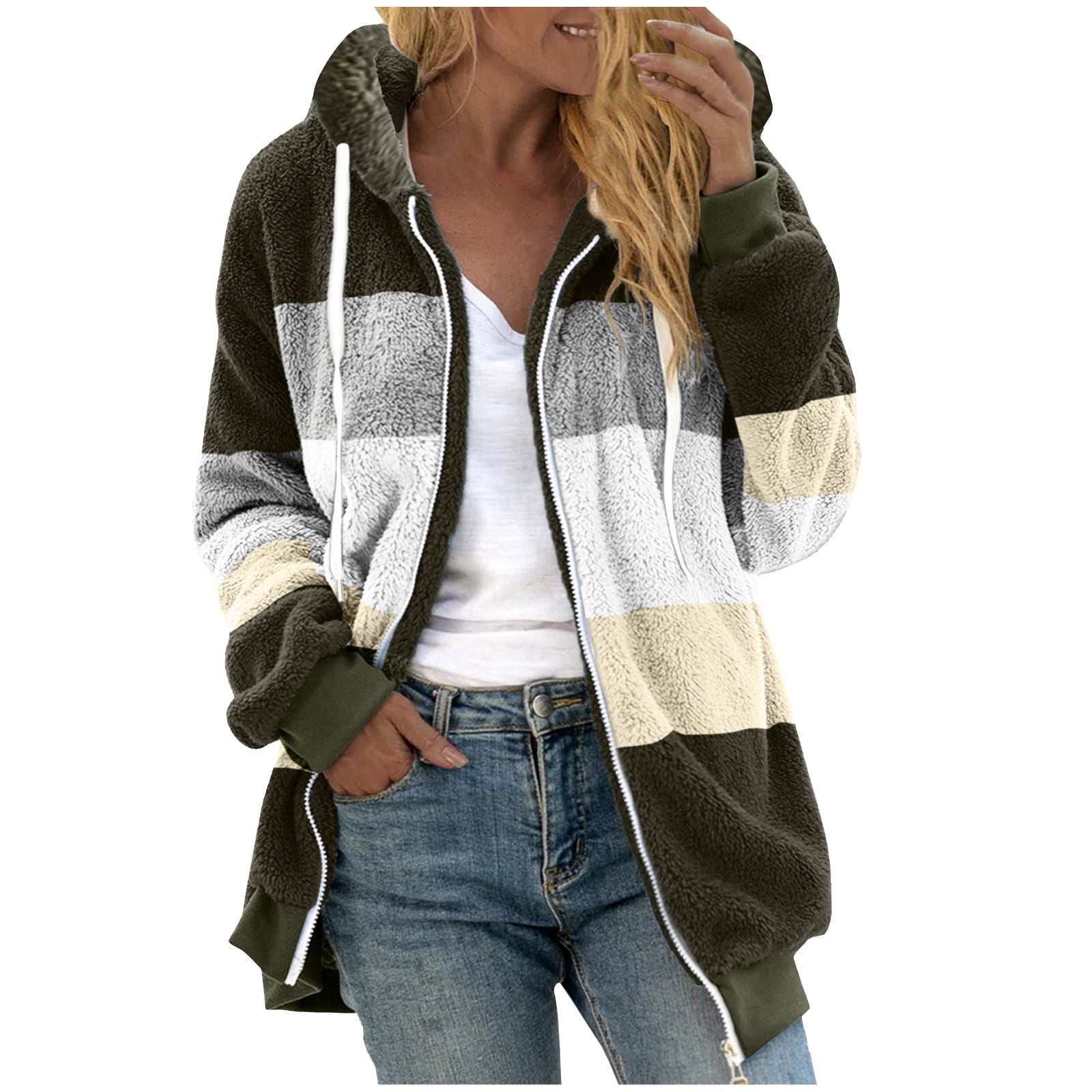 Women's Color Block Faux Shearling Jacket – Hooded Fuzzy Fleece Coat With Zipper & Pockets For Winter