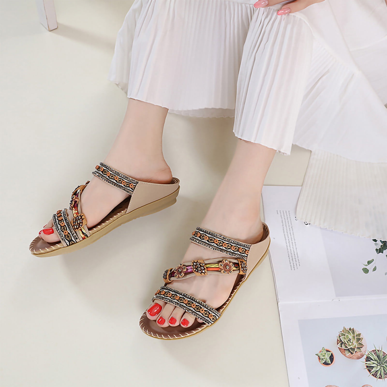 GERsome Women Flat Flower Rhinestone Sandals T-Strap Bohemian Pearl ...