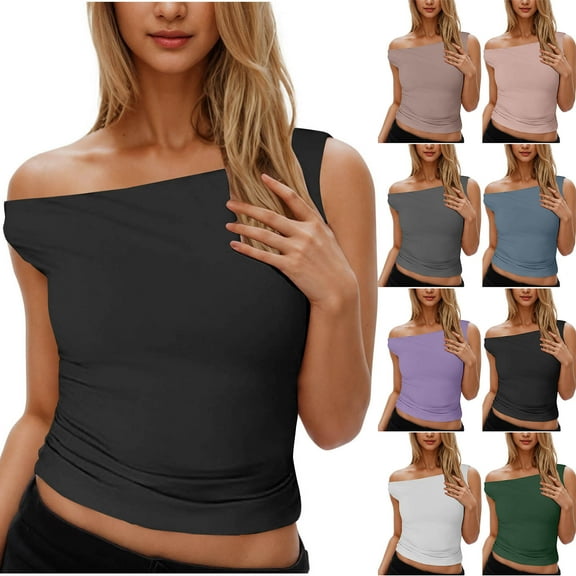 GERsome Women Off Shoulder Tops Summer Solid Color Sleeveless T Shirts Trendy Going Out Crop Tank Tops S-2XL