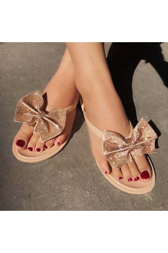 Women Rhinestone Bowtie Flip Flops Jelly Thong Sandals Rubber Flat Beach Rain Shoes