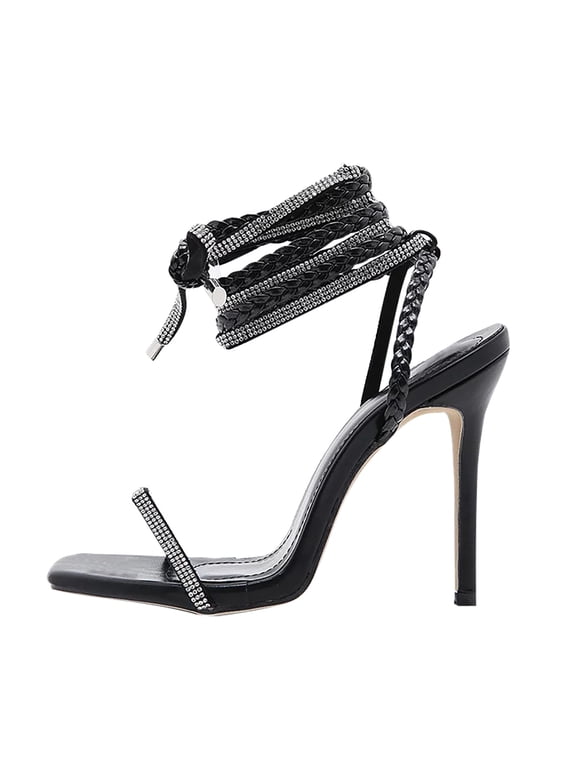 Women Rhinestone Spiral Ankle Wrap Strap High Heels Sandals