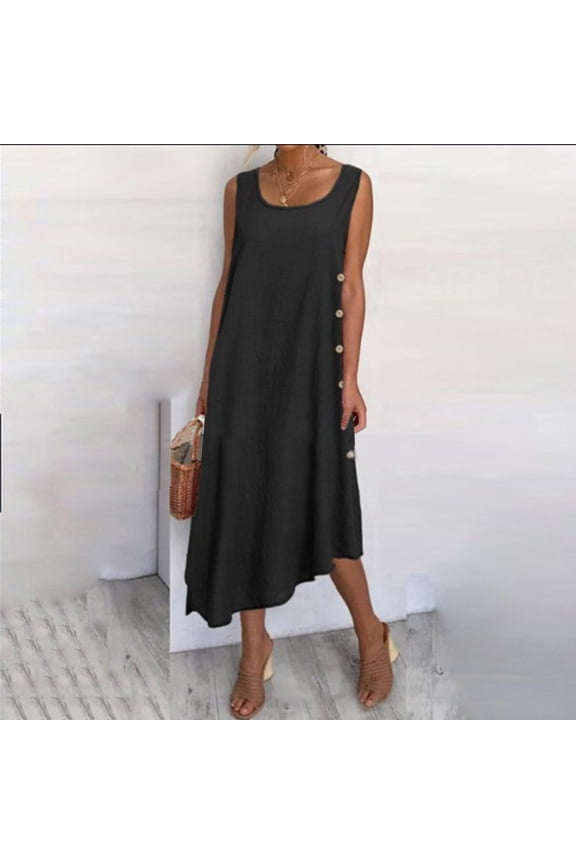 Women Sleeveless Crew Neck Solid Color Maxi Sundresses Loose Vest Long Dress