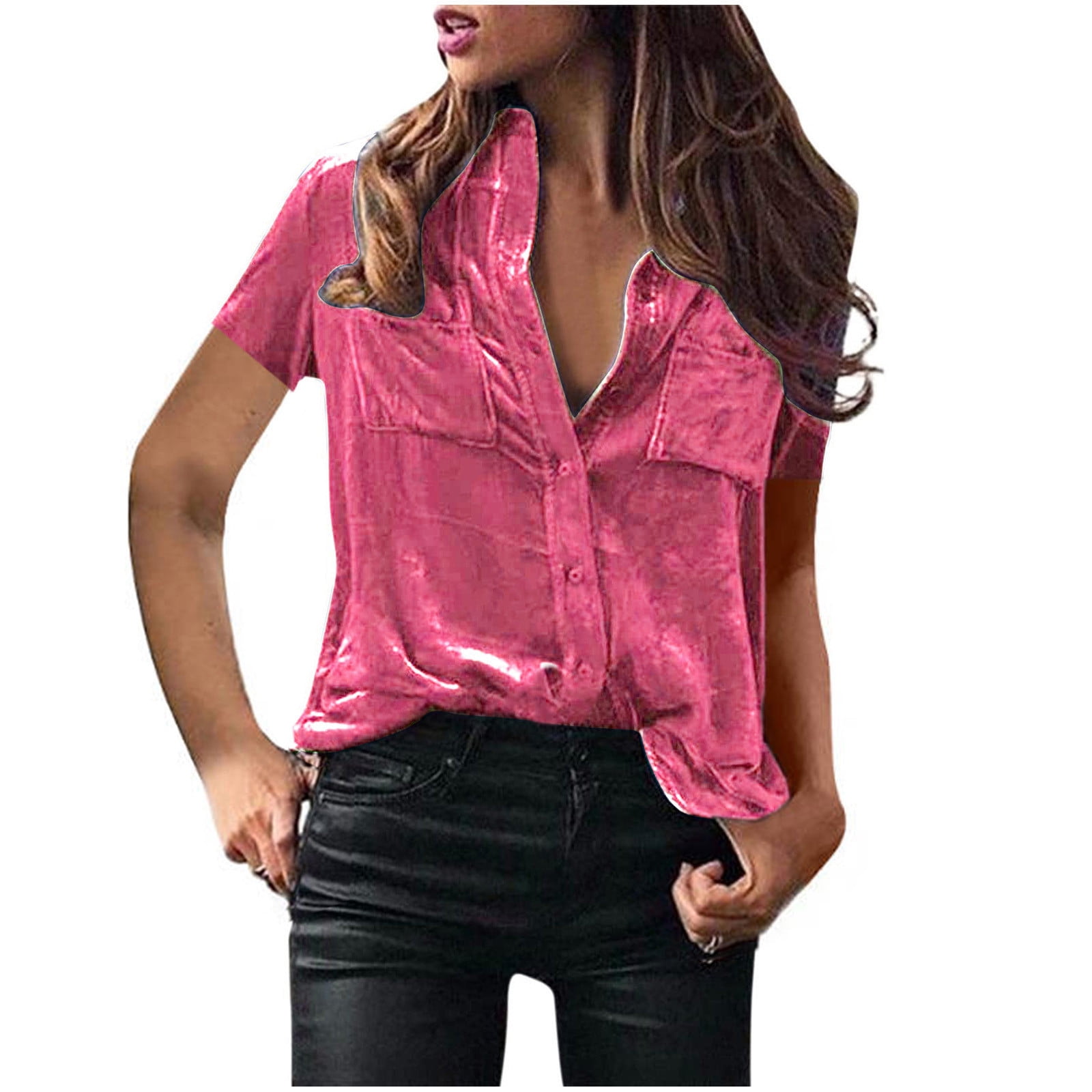 GERsome Women Velvet Shirts Short Sleeve Button Pocket Casual Blouses Solid Color Slim Fashion Tops Walmart
