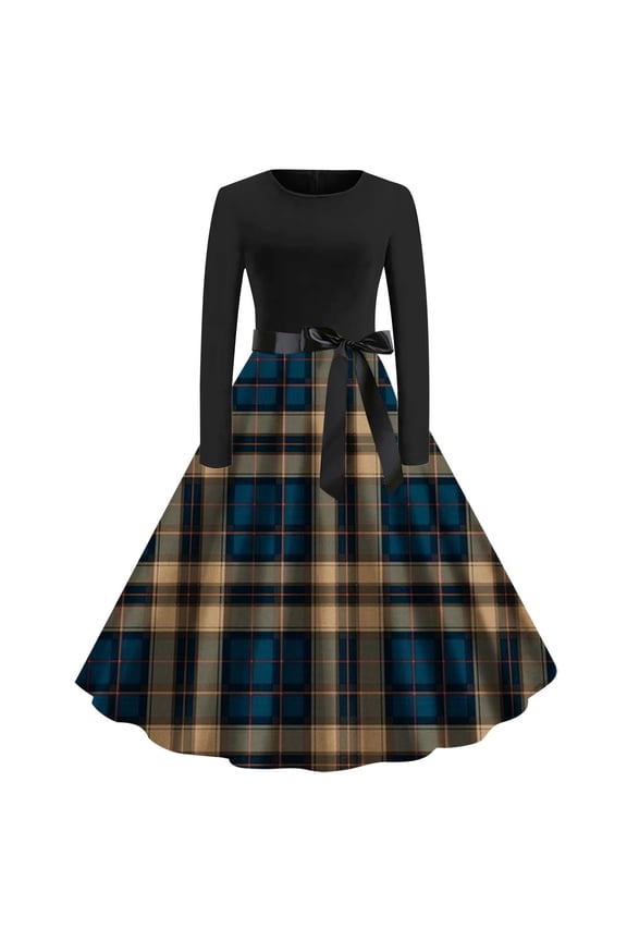 Women Vintage 1950s Retro Dress Long Sleeve Gingham Swing Cocktail Party Dress Rockabilly A-line Midi Dress