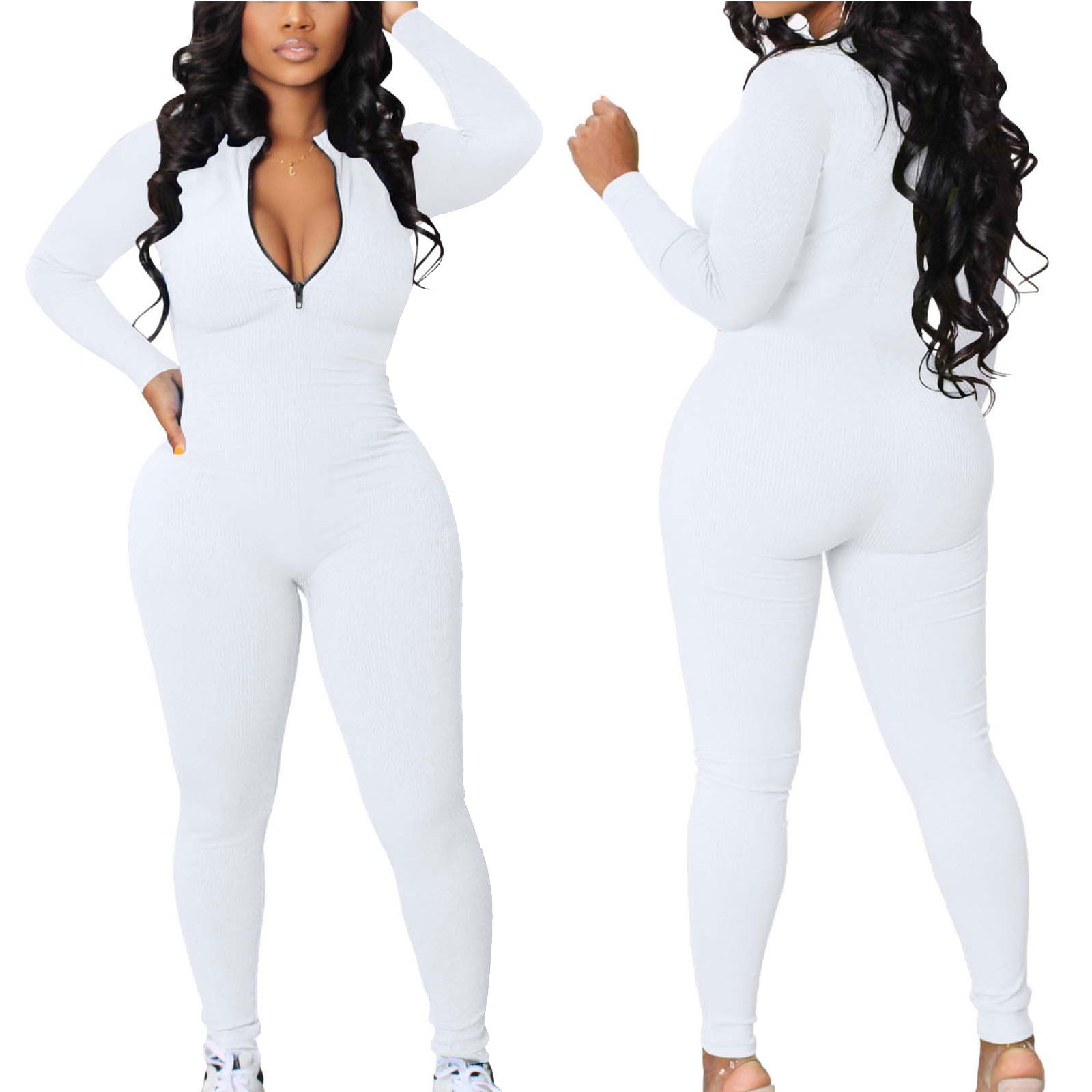 Long Sleeve Deep V Zip Up Fitness Jumpsuit- XS