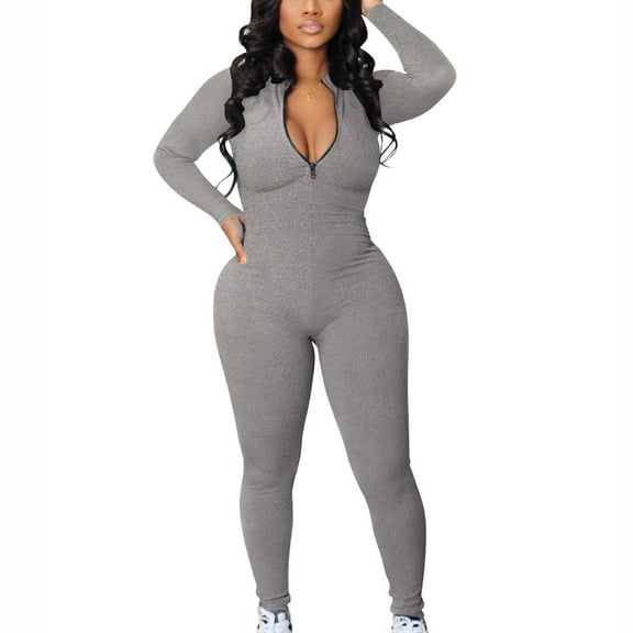 GERsome Women Yoga Jumpsuits Workout Ribbed Long Sleeve Zip Front Sport Jumpsuits
