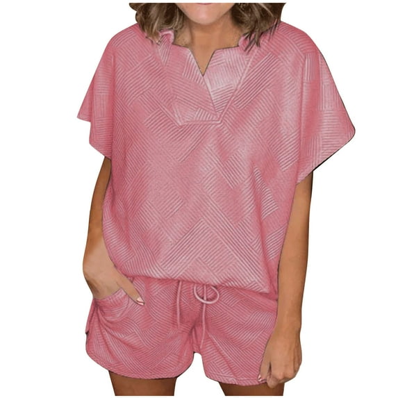 GERsome Women's 2 Piece Loungewear Sets Solid Color Short Sleeve V Neck Tops and Drawstring Shorts Sets S-3XL (Pink,XL)