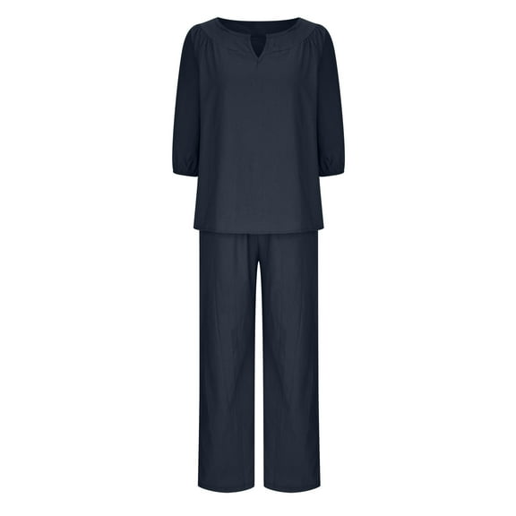 GERsome Women's 2 Piece Outfits Short Sleeve V Neck Pullover Tops and Wide Leg Pants Lounge Summer Cotton Linen Loungewear Set S-5XL (Dark Blue,S)