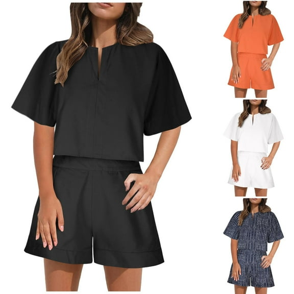 GERsome Women's 2 Piece Outfits Summer Lounge Sets Short Sleeve V Neck Tee Shirts and Shorts Tracksuit Loungewear M-XL (Black,L)
