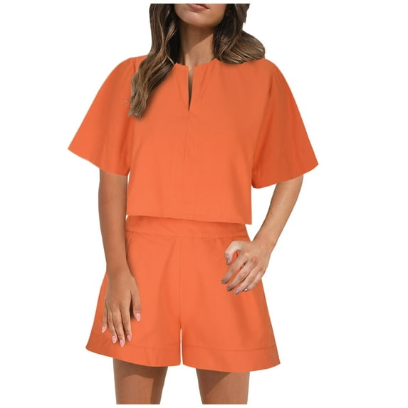 GERsome Women's 2 Piece Outfits Summer Lounge Sets Short Sleeve V Neck Tee Shirts and Shorts Tracksuit Loungewear M-XL (Orange,XL)