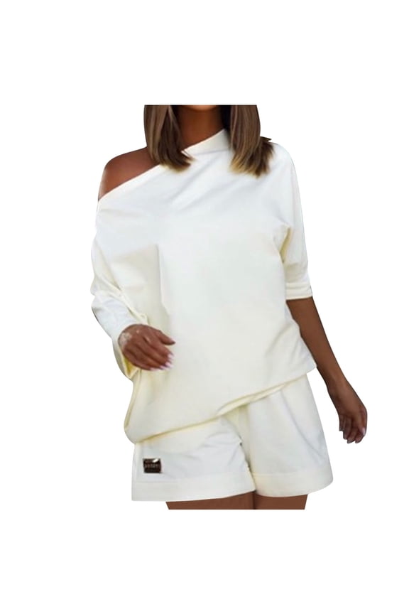 Women's 2 Piece Outfits Sweater Set Off Shoulder Casual Loose Top with Short Suits
