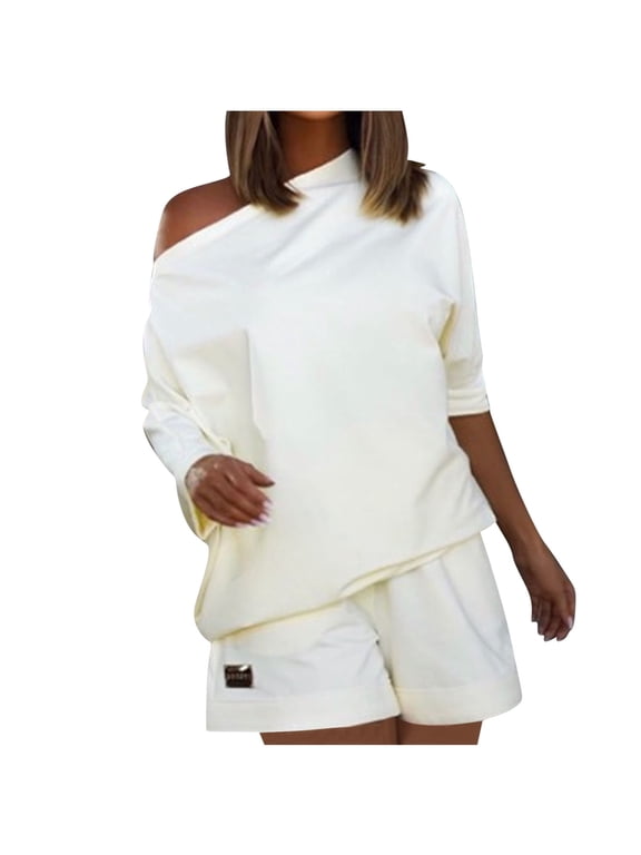 Women's 2 Piece Outfits Sweater Set Off Shoulder Casual Loose Top with Short Suits