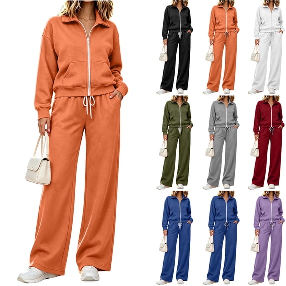 GERsome Women's 2 Piece Sweatsuit Zip Up Collared Jacket and Wide Leg Pants Set Drawstring Tracksuit Lounge Outfits Size L