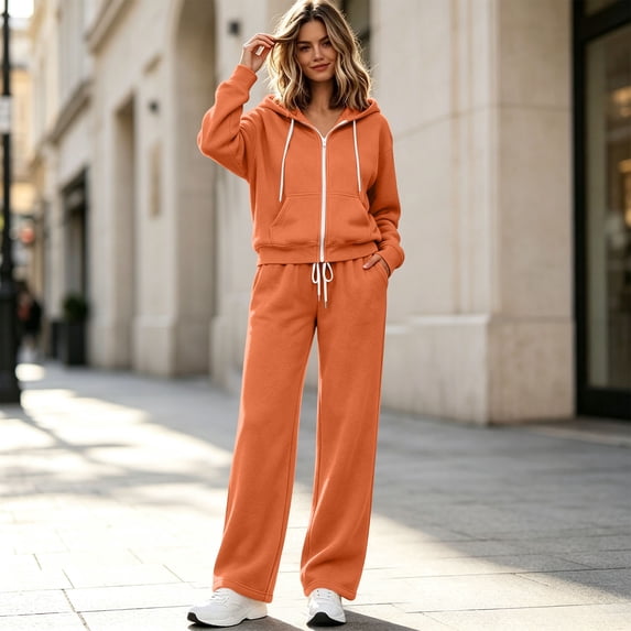 GERsome Women's 2 Piece Tracksuit Set Zip Up Hoodie and Wide Leg Sweatpants with Drawstring Casual Lounge Set Size L